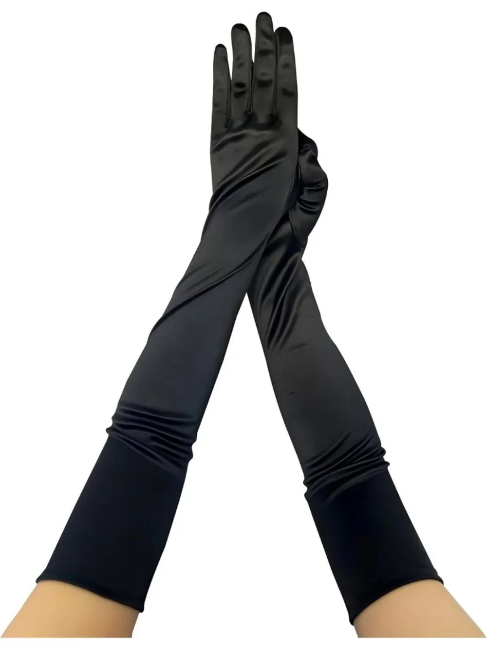 Women's Black Satin Opera Length Stretch Elbow Long Evening Party Gloves